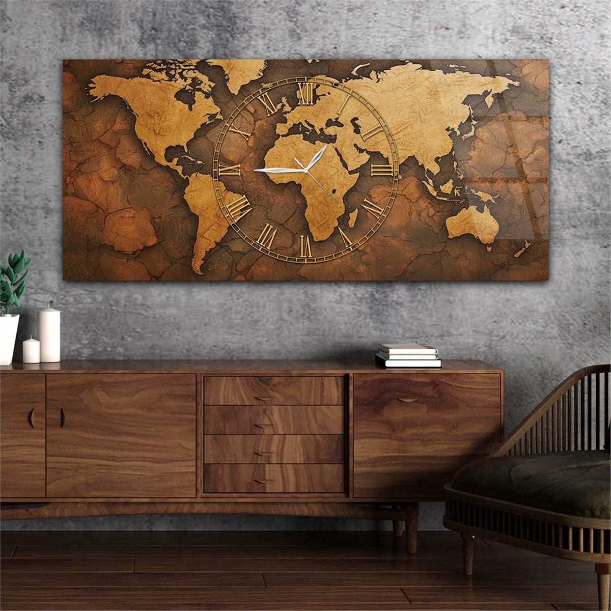 Yatay Saatli Ortadan Vatan Temalı Cam Tablo 115