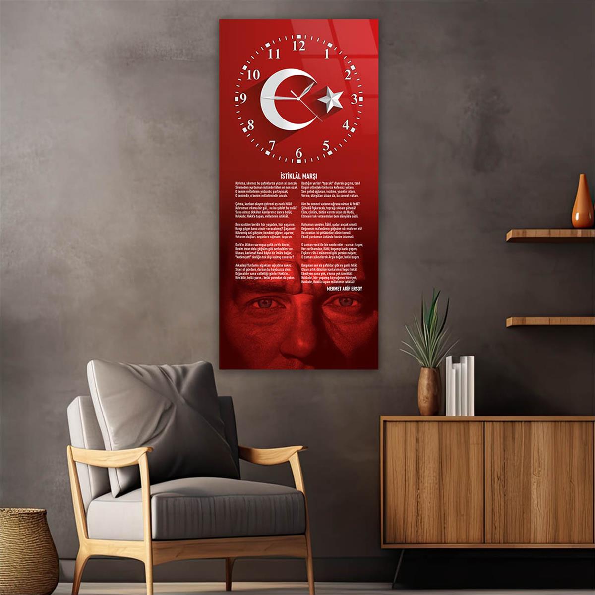 Dikey Üstten Saatli Vatan Temalı Cam Tablo 026