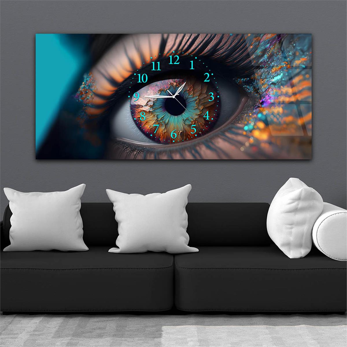 Yatay Ortadan Saatli  Sanat ve Doğa Temalı Cam Tablo 074