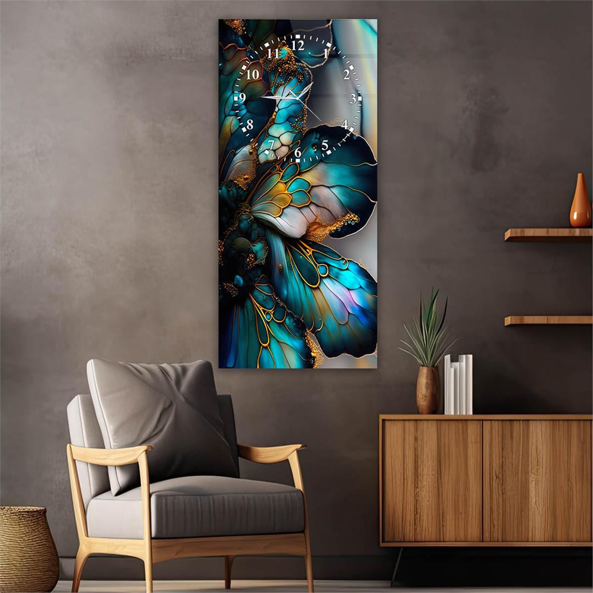 Dikey Üstten Saatli Sanat Temalı Cam Tablo 028