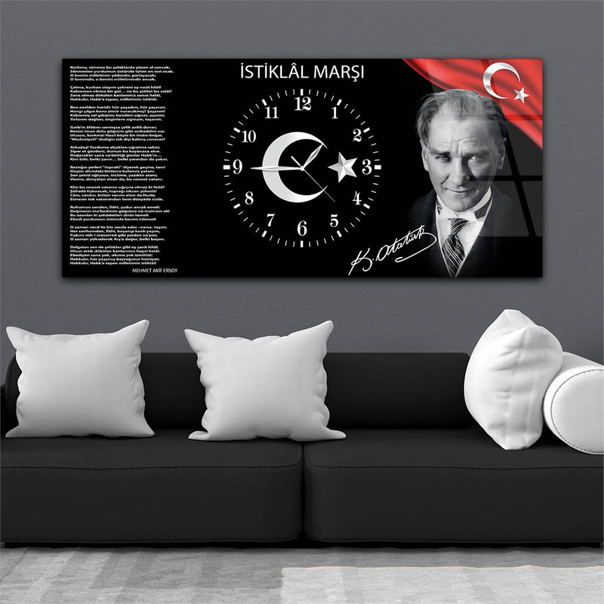 Yatay Ortadan Saatli  Vatan Temalı Cam Tablo 014