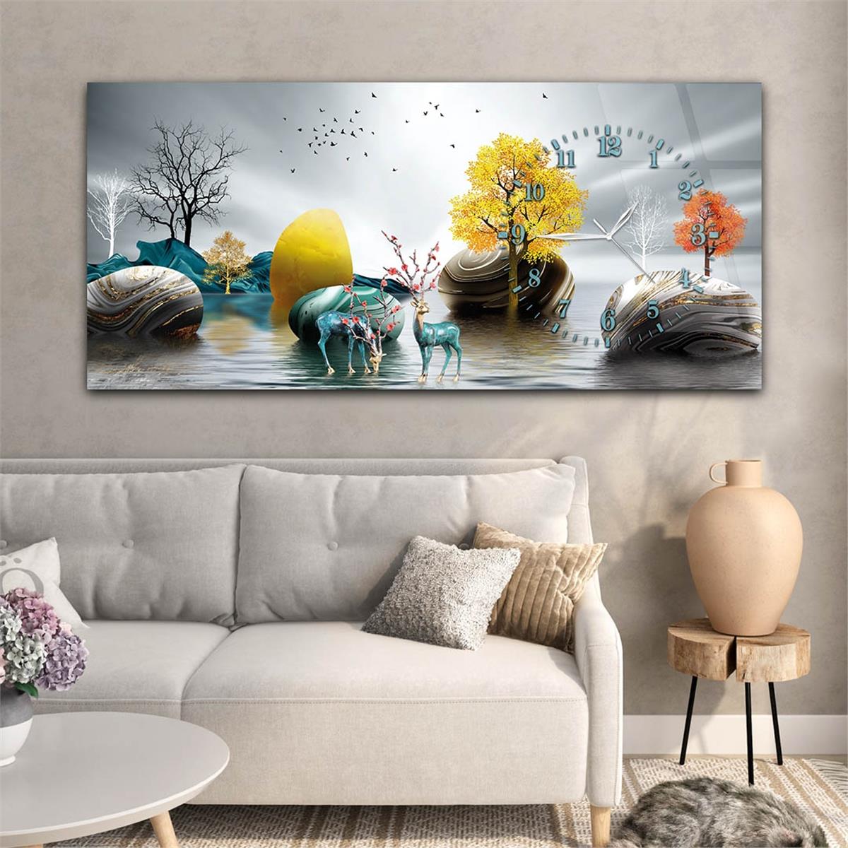 Yatay Saatli Yandan Sanat ve Doğa Temalı Cam Tablo 015