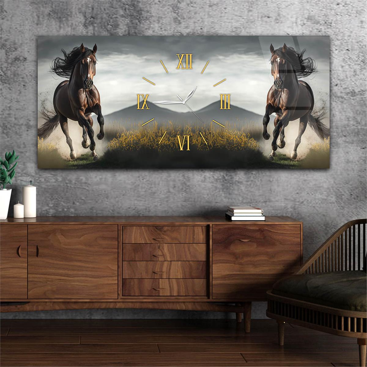 Yatay Ortadan Saatli  Sanat ve Doğa Temalı Cam Tablo 057