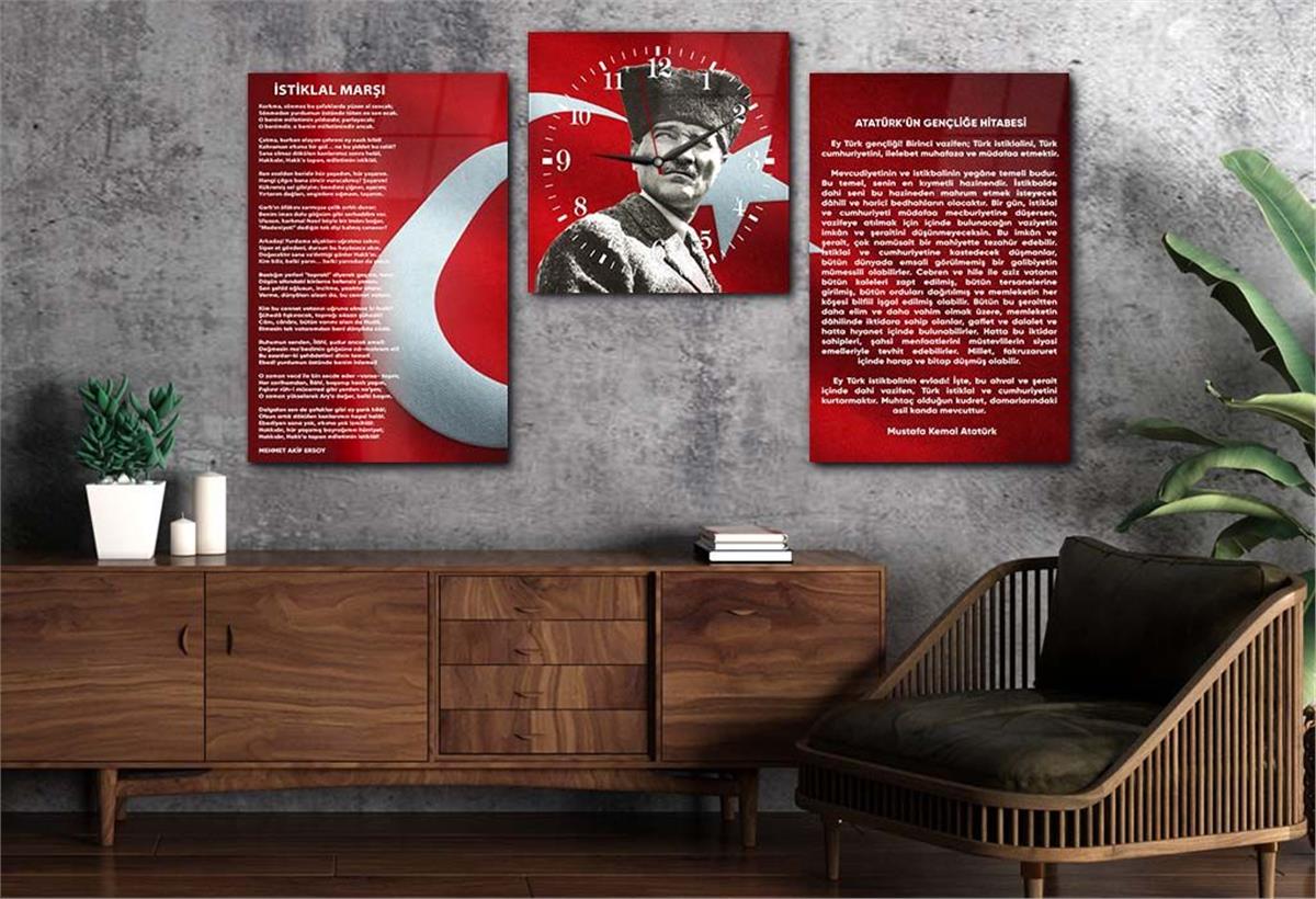 Atatürk and Independence March Glass Wall Art Set with Clock