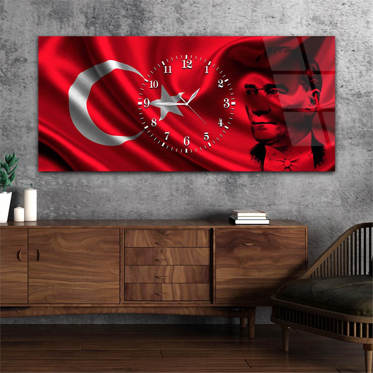 Türk Bayrağı ve Atatürk Yatay Ortadan Saatli  Vatan Temalı Cam Tablo 062