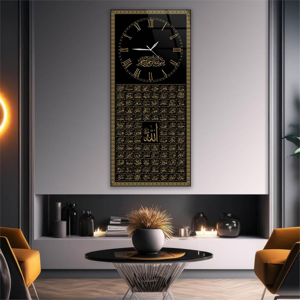 Vertical Religious Themed Glass Wall Art with Clock at the Top  051