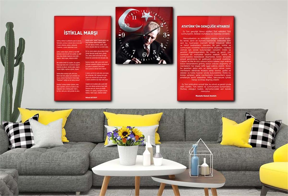 Atatürk, Independence March, and Youth Address Glass Wall Art Set with Clock