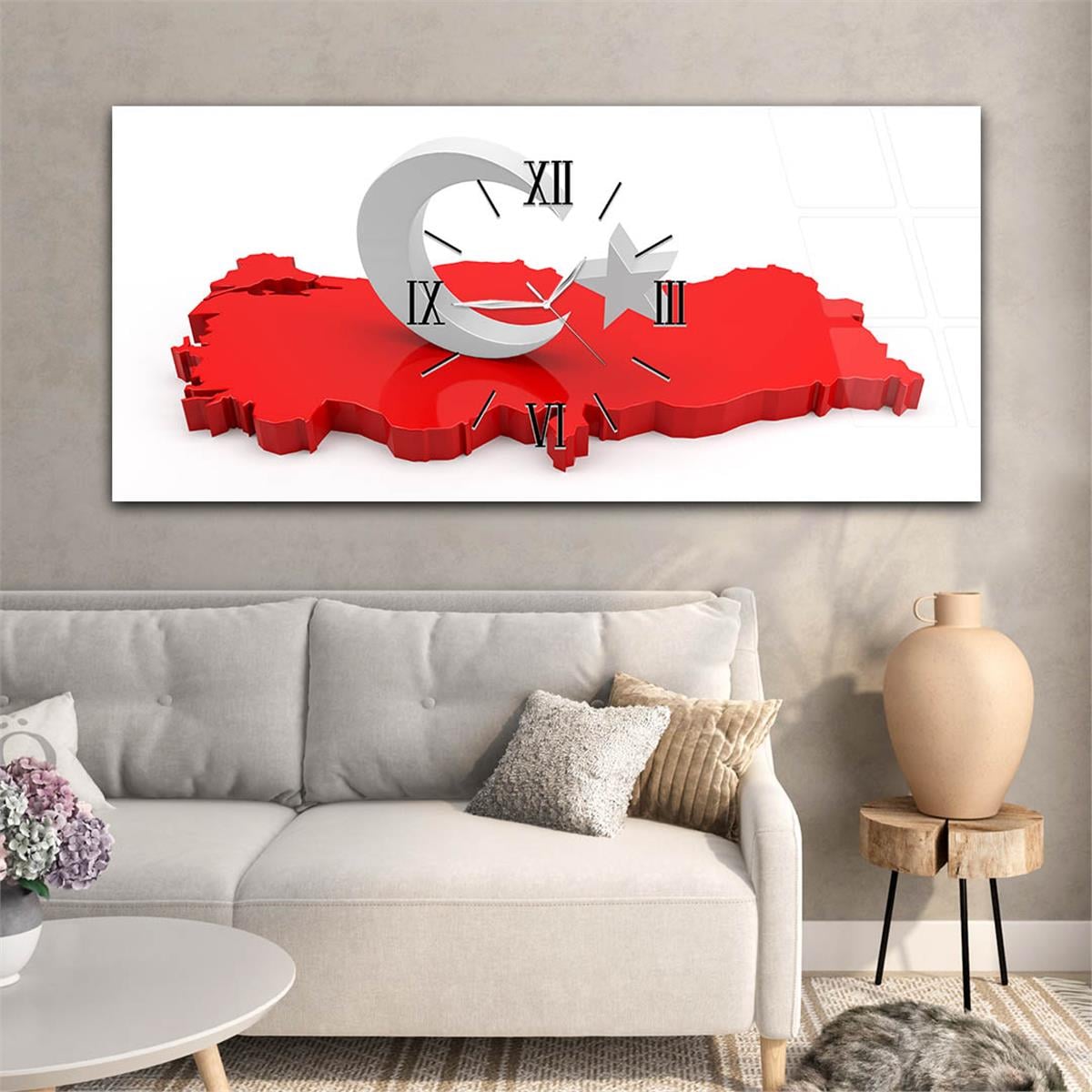 Kırmızı Türkiye Haritası ve Ay-Yıldız Yatay Ortadan Saatli  Vatan Temalı Cam Tablo 081