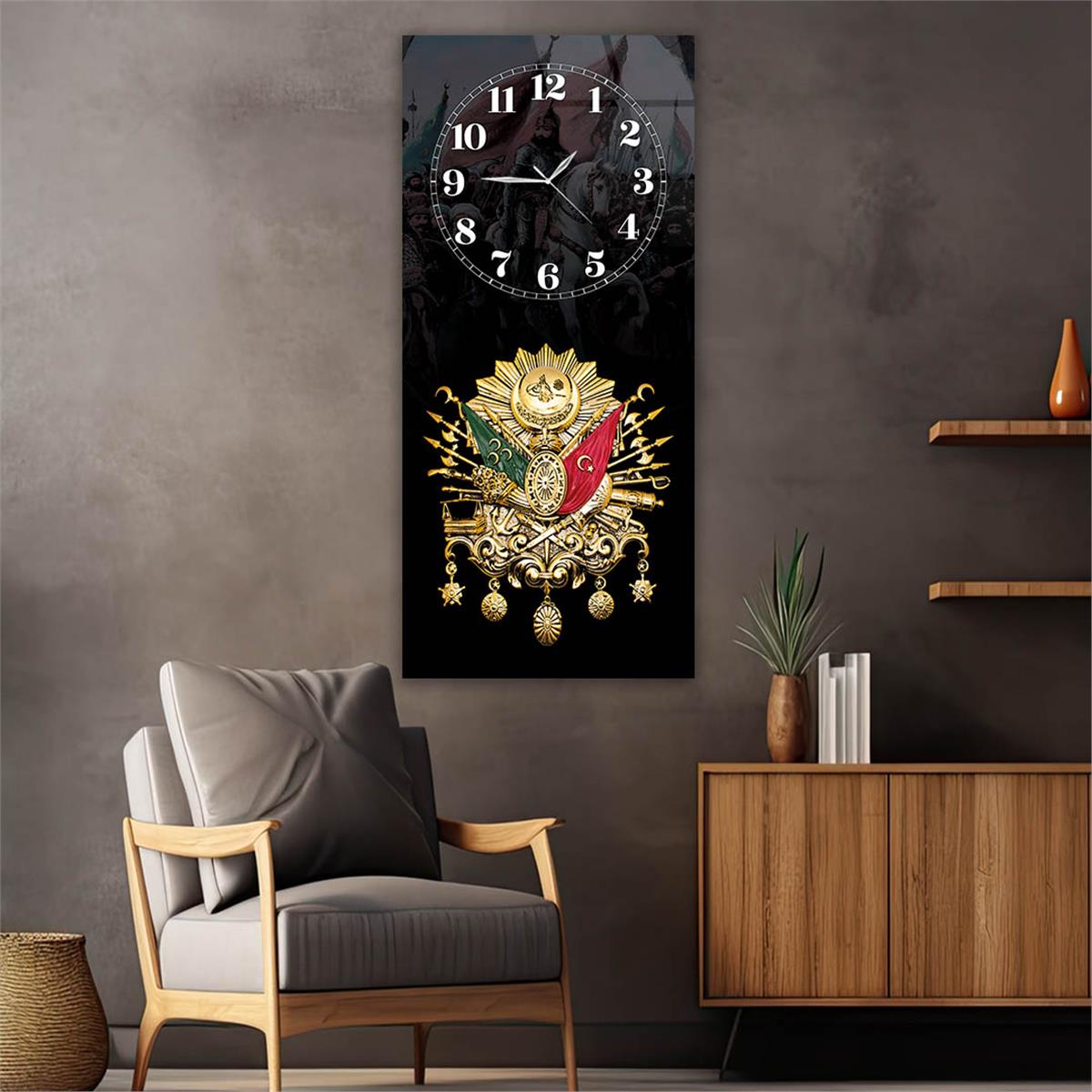 Vertical National Themed Glass Wall Art with Clock at the Top 009