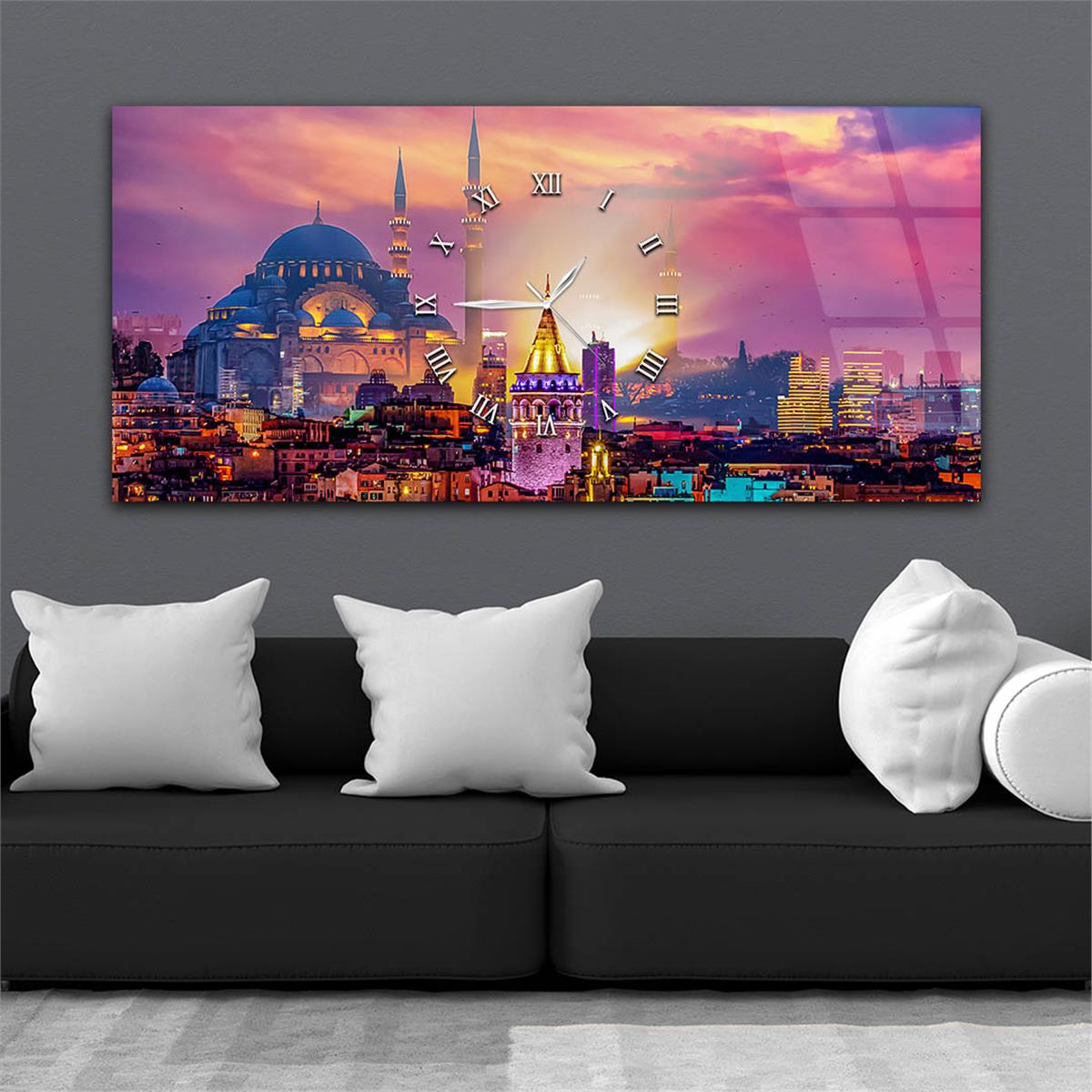 Yatay Ortadan Saatli  Sanat ve Doğa Temalı Cam Tablo 021