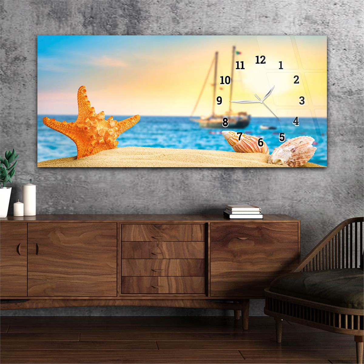 Beach Starfish, Seashell and Sailboat Horizontaal, Aan De Zijkant Voorzien Van Een Klok, Kunst en Natuur Thema Gehard Glasschilderij 235