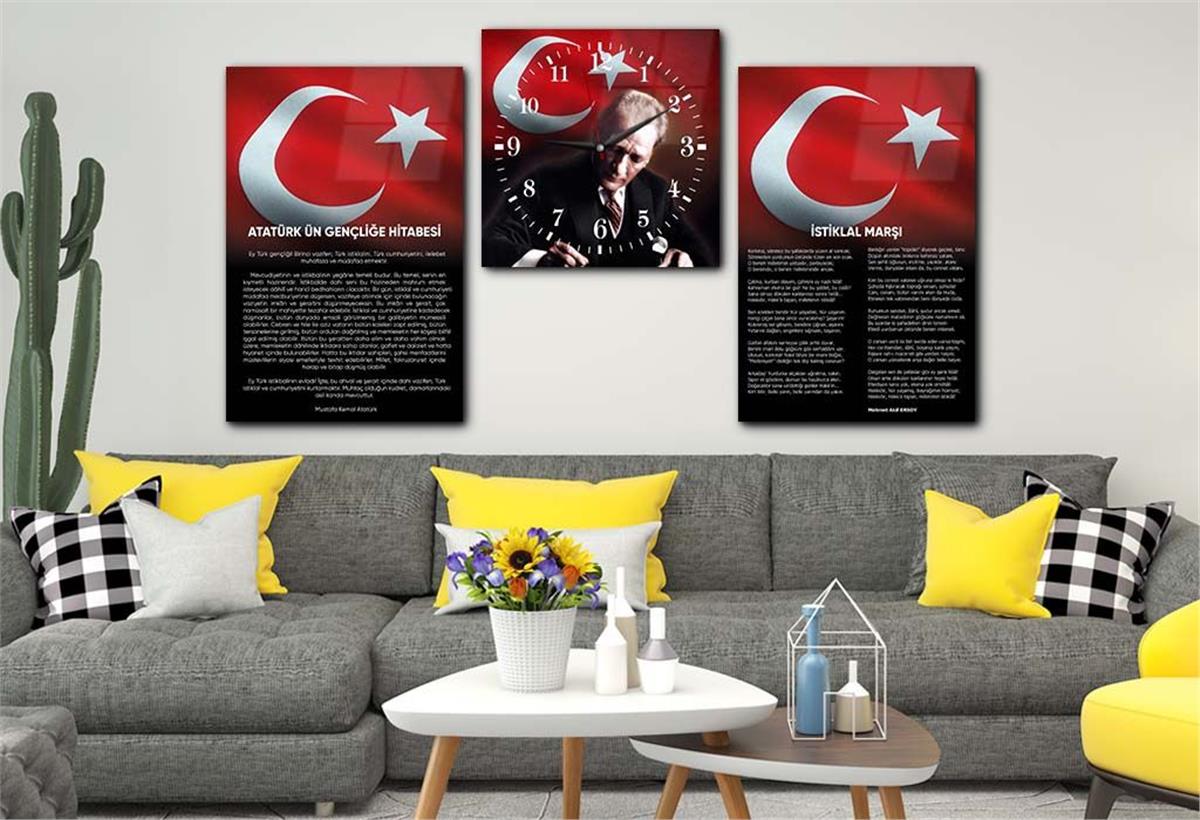 Atatürk and Independence March Glass Wall Art Set with Clock