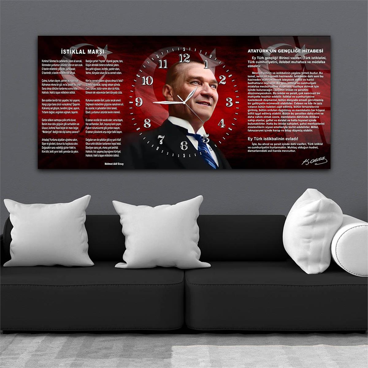 Yatay Saatli Ortadan Vatan Temalı Cam Tablo 144
