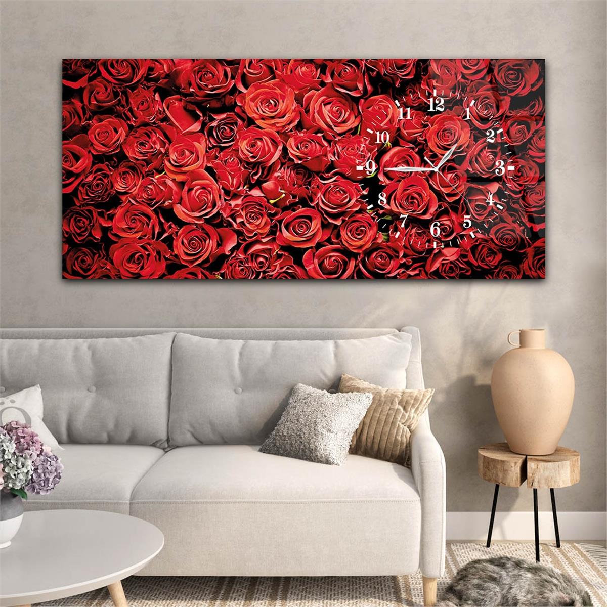Yatay Saatli Yandan Sanat ve Doğa Temalı Cam Tablo 078