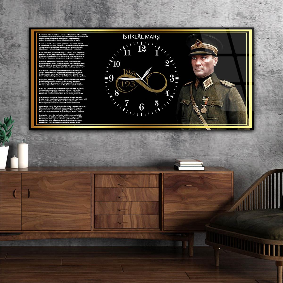 Yatay Ortadan Saatli  Vatan Temalı Cam Tablo 035