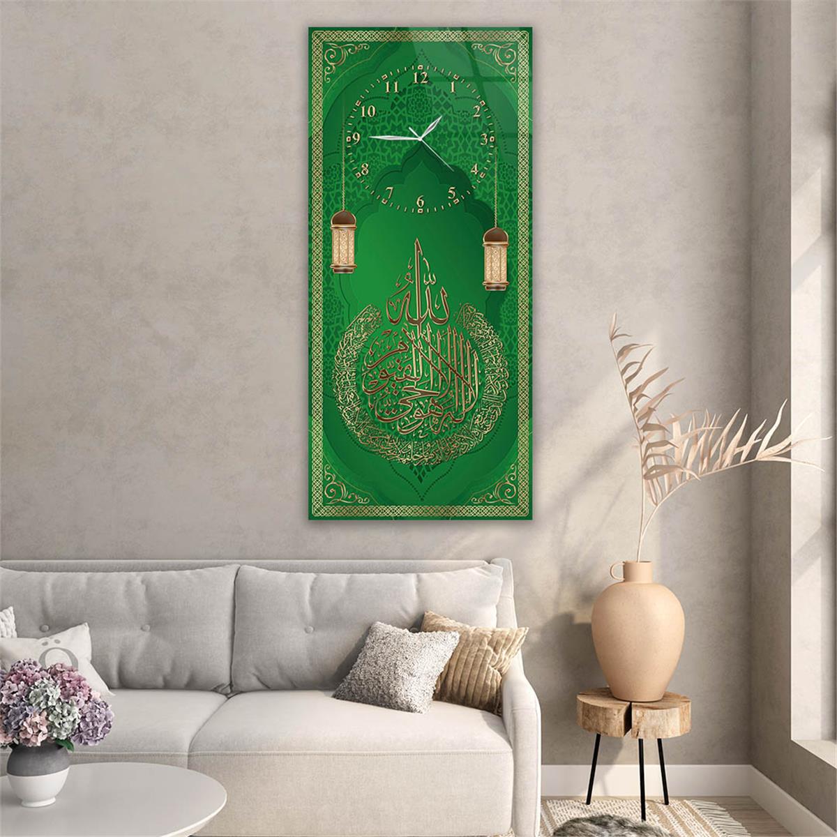 Vertical Religious Themed Glass Wall Art with Clock at the Top  049