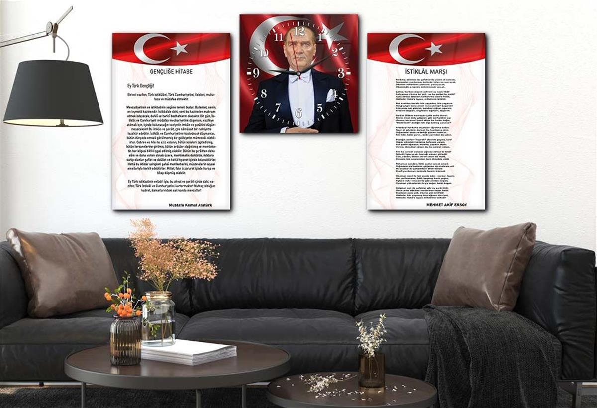 Atatürk and Independence March Glass Wall Art Set with Clock