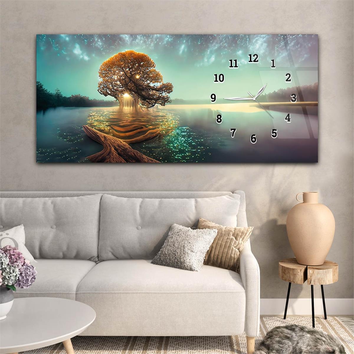 Yatay Saatli Yandan Sanat ve Doğa Temalı Cam Tablo 225
