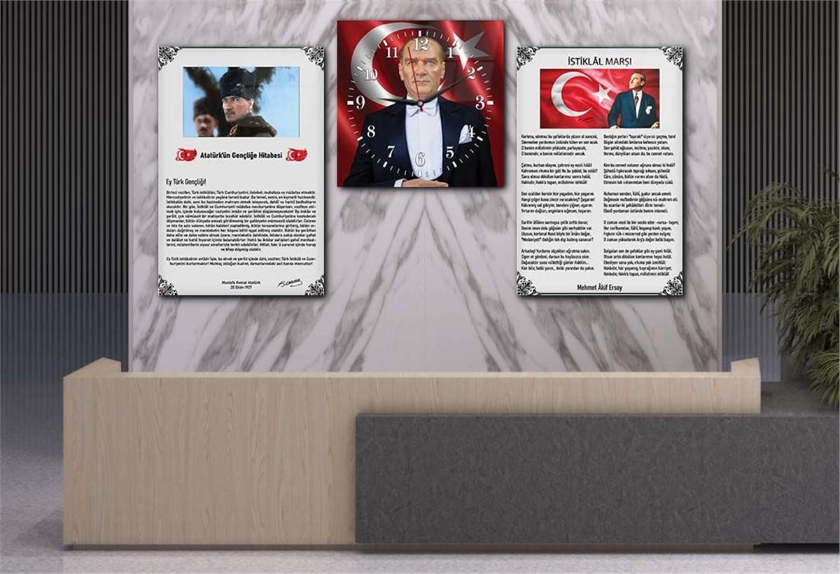 Atatürk, Independence March, and Youth Address Glass Wall Art Set with Clock