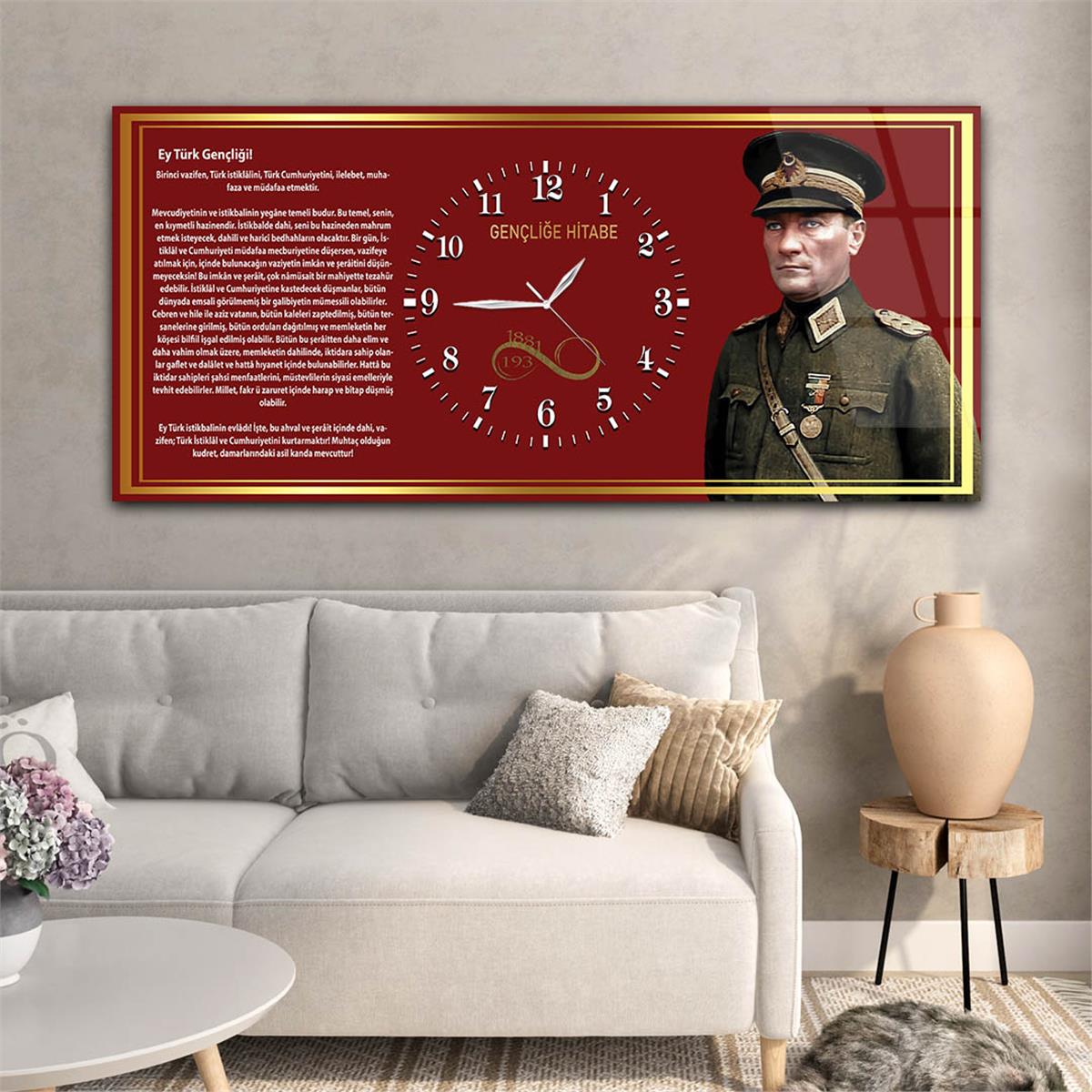 Mustafa Kemal Atatürk ve Gençliğe Hitabe Yatay Ortadan Saatli  Vatan Temalı Cam Tablo 037