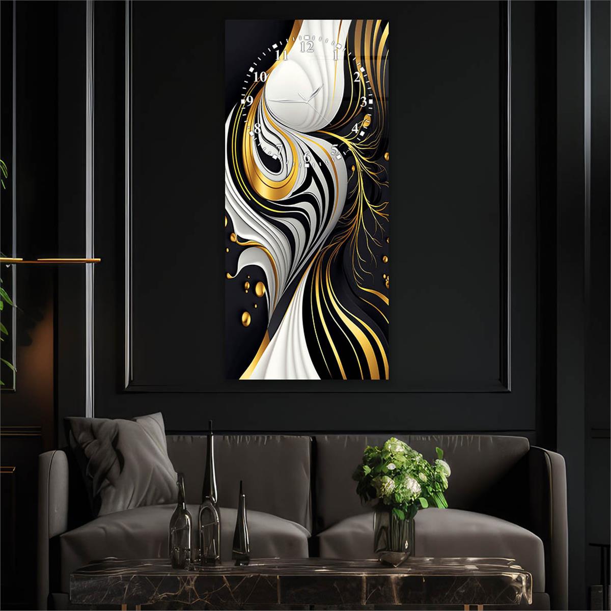 Dikey Üstten Saatli Sanat Temalı Cam Tablo 027