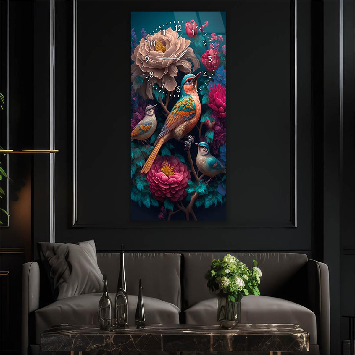 Verticale, Aan De Boven Kant Voorzien Van Een Klok, Kunst en Natuur Thema Gehard Glasschilderij 008