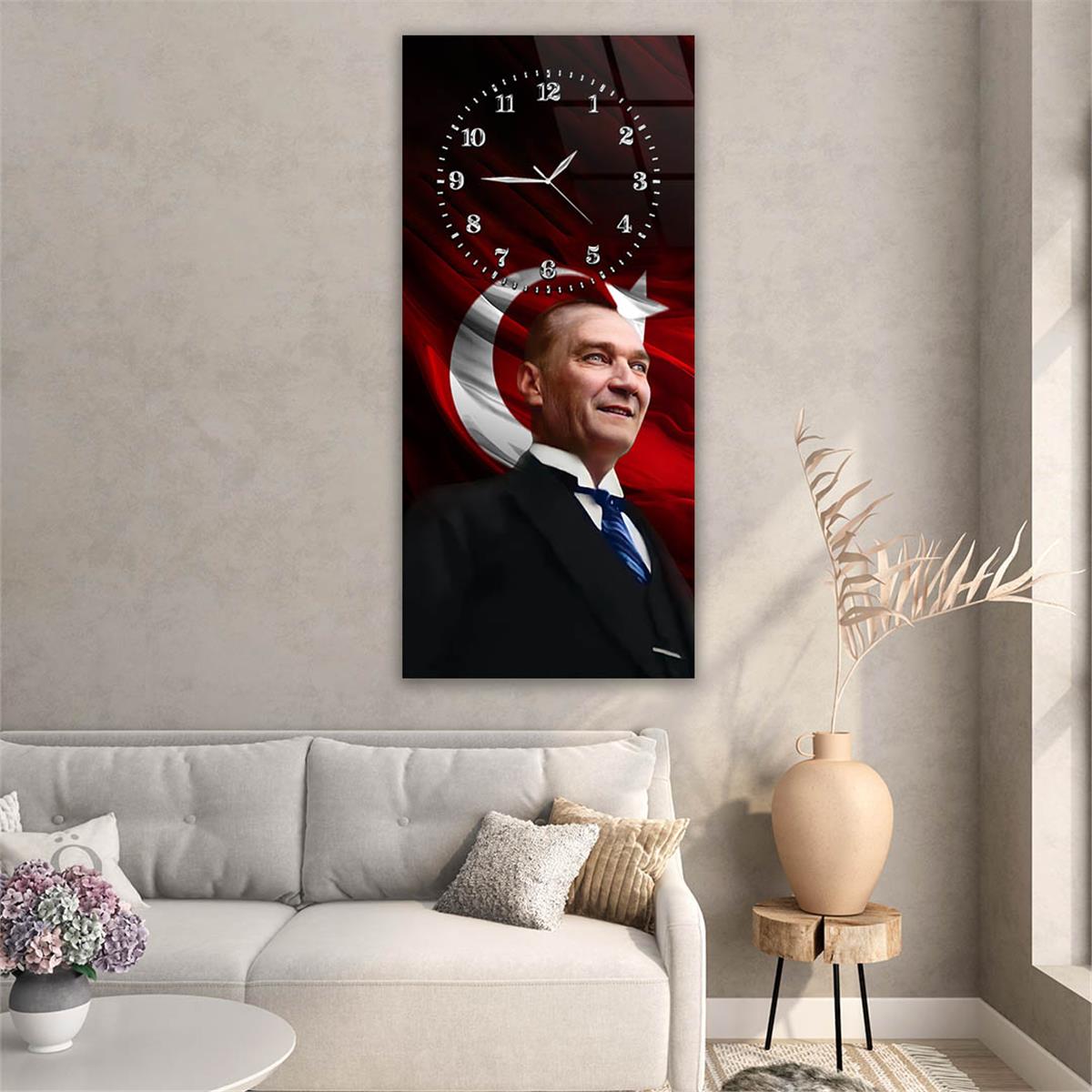 Dikey Üsten Saatli Vatan Temalı Cam Tablo 003