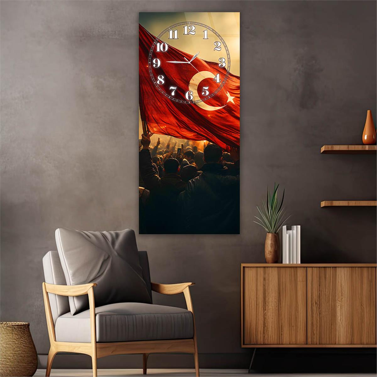 Dikey Üstten Saatli Vatan Temalı Cam Tablo 045