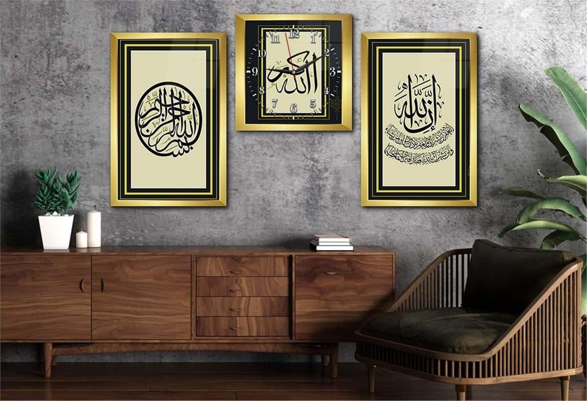 DİNİ TEMALI CAM TABLO VE CAM DUVAR SAATİ SETİ