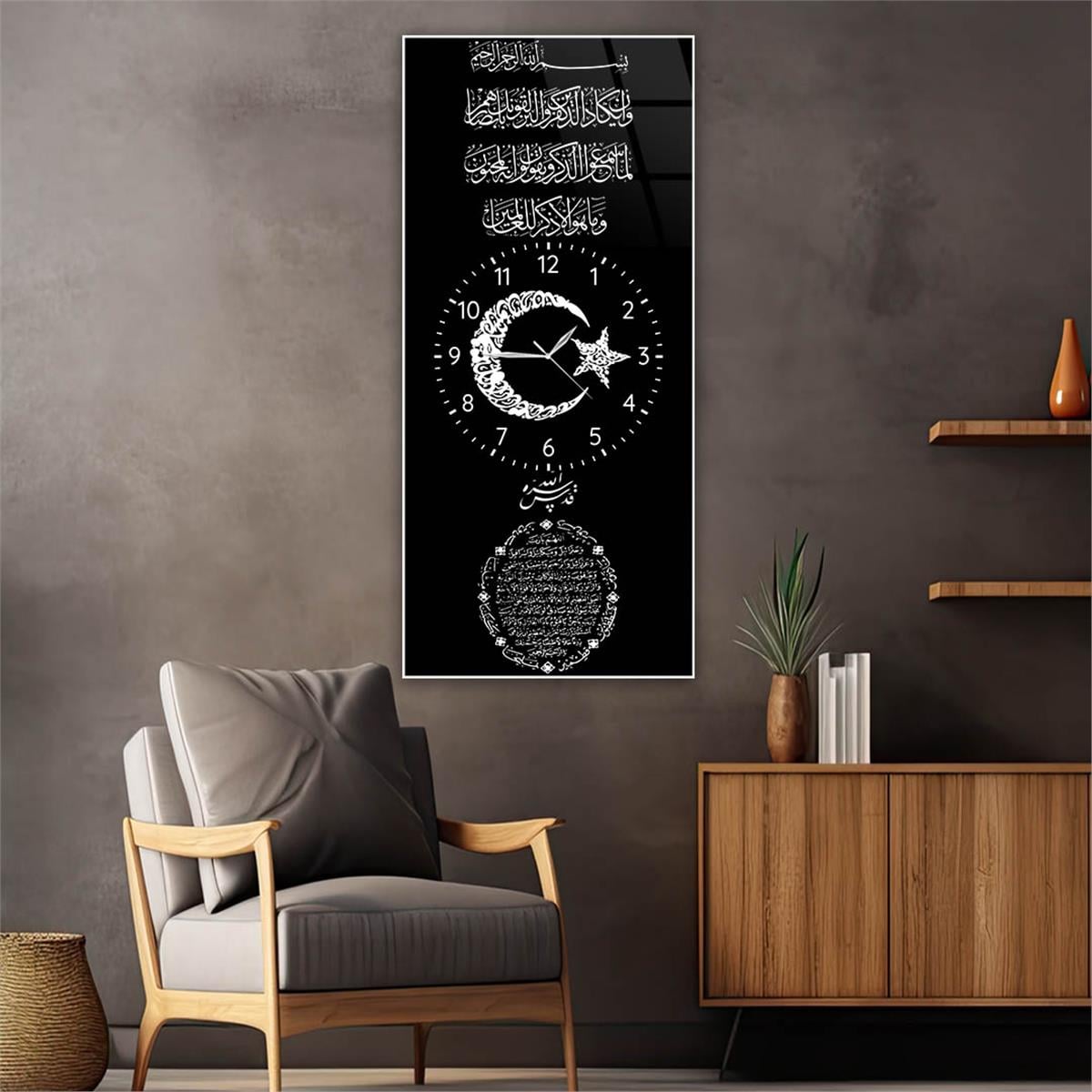 Vertical Religious Themed Glass Wall Art with Clock at the Center 023