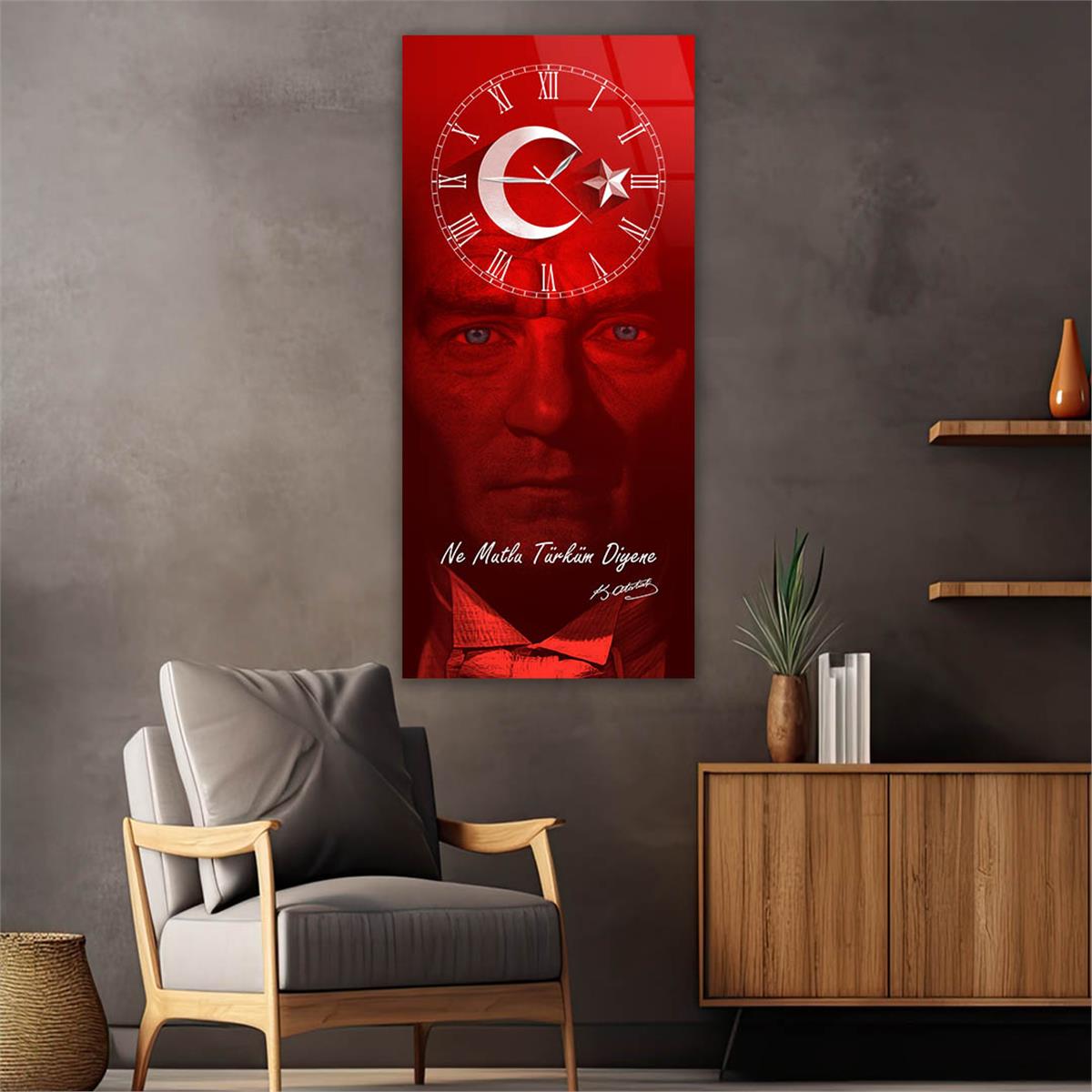 Dikey Üstten Saatli Vatan Temalı Cam Tablo 027