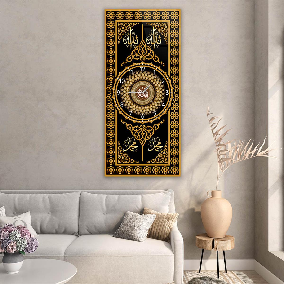 Vertical Religious Themed Glass Wall Art with Clock at the Center 014