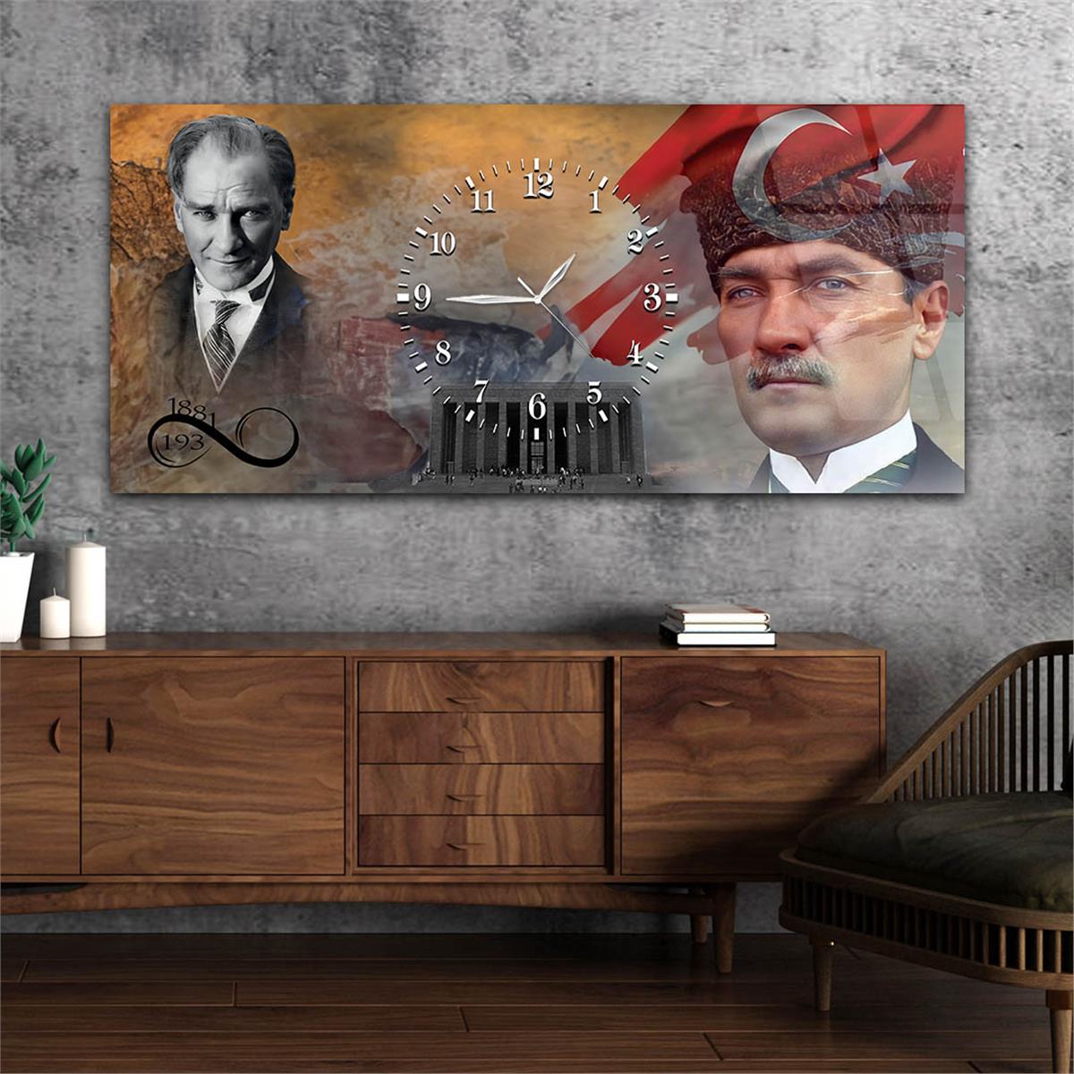 Türk Bayrağı , Atatürk ve Anıtkabir Saatli Cam Tablo 068