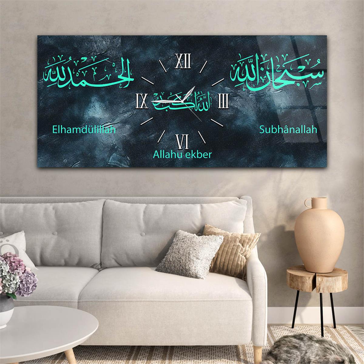 لوحة زجاجية أفقية ذات طابع ديني مع ساعة في الوسط 094