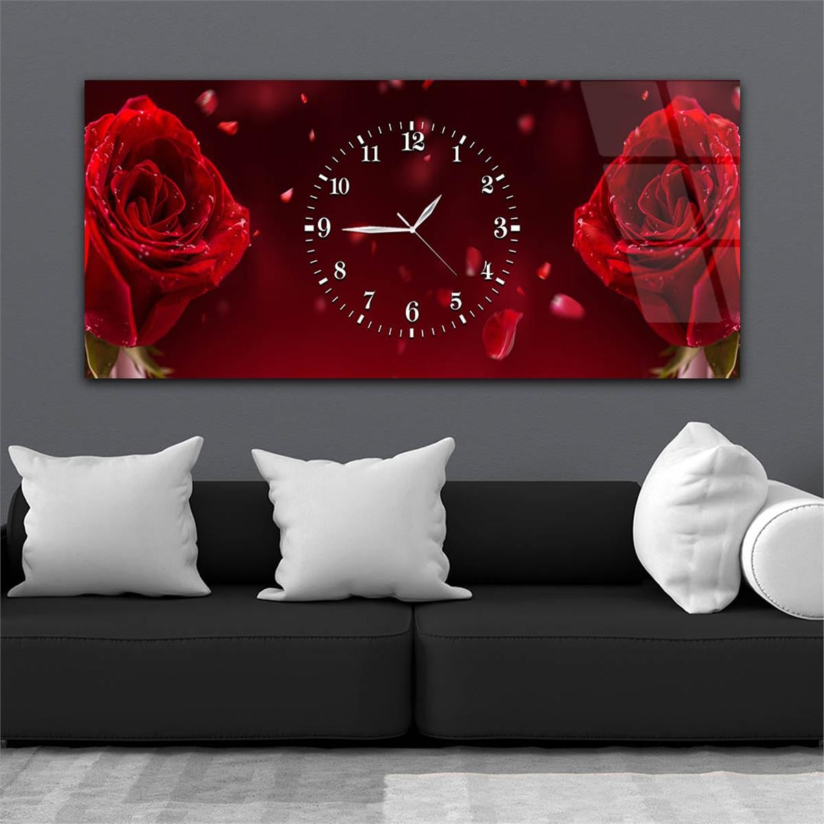 Yatay Ortadan Saatli  Sanat ve Doğa Temalı Cam Tablo 035