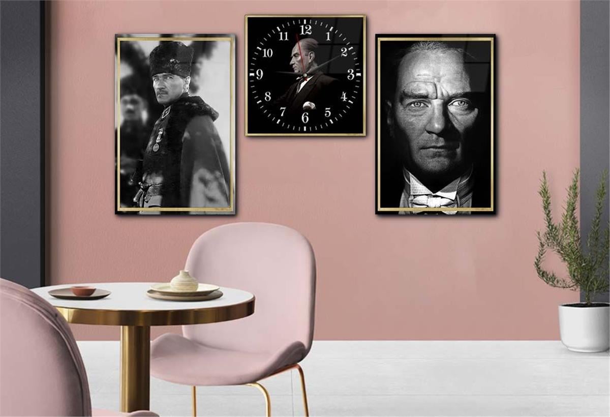 ATATÜRK Tempered Glass Wall Art Set with Clock 