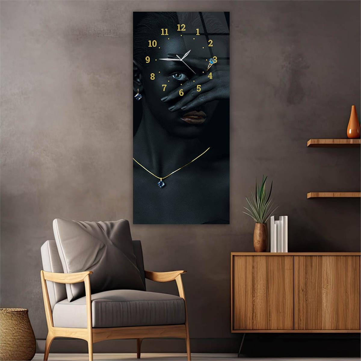 Dikey Üstten Saatli Sanat Temalı Cam Tablo 076