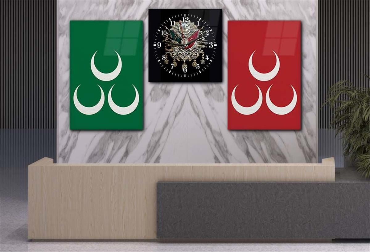 Ottoman State Coat of Arms and Three Crescent Tempered Glass Wall Art Set with Clock