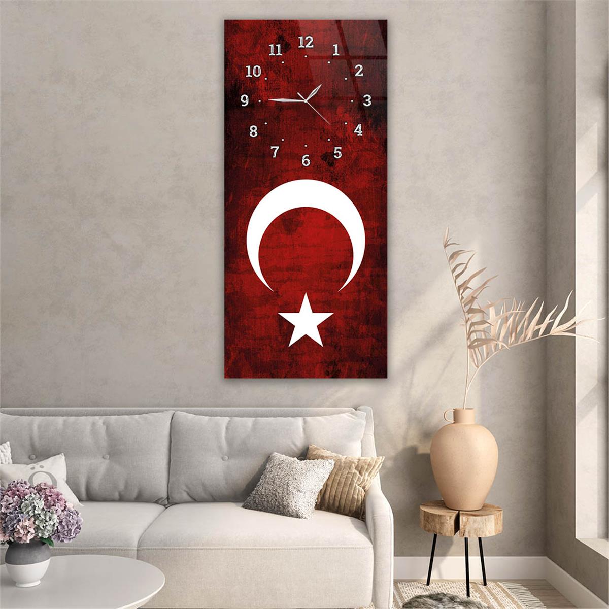 Dikey Üstten Saatli Vatan Temalı Cam Tablo 030