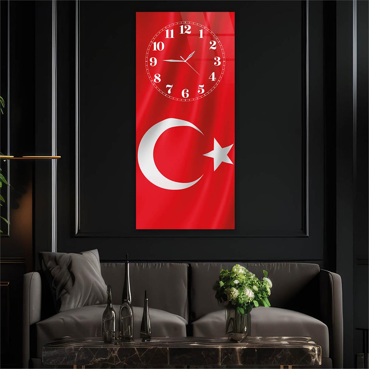 Dikey Üstten Saatli Vatan Temalı Cam Tablo 043