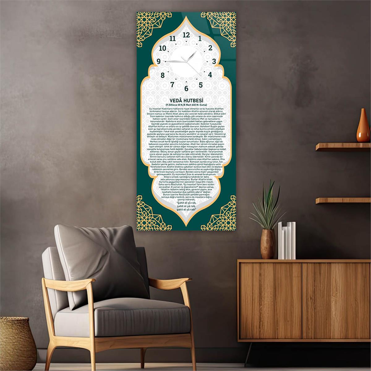 Vertical Religious Themed Glass Wall Art with Clock at the Top  054