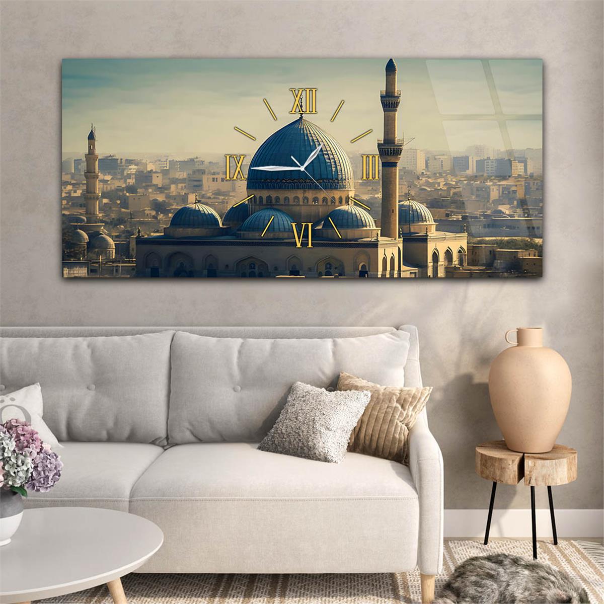 Yatay Ortadan Saatli  Dini Temalı Cam Tablo 111