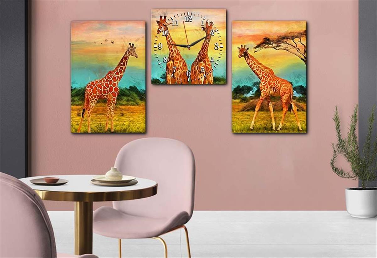 Giraffe Tempered Glass Wall Art Set with Clock