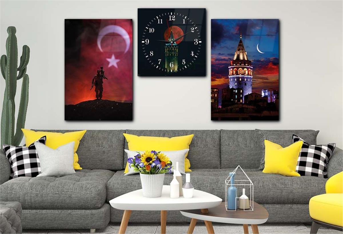 Galata Tower and Turkish Flag Tempered Glass Wall Art Set with Clock