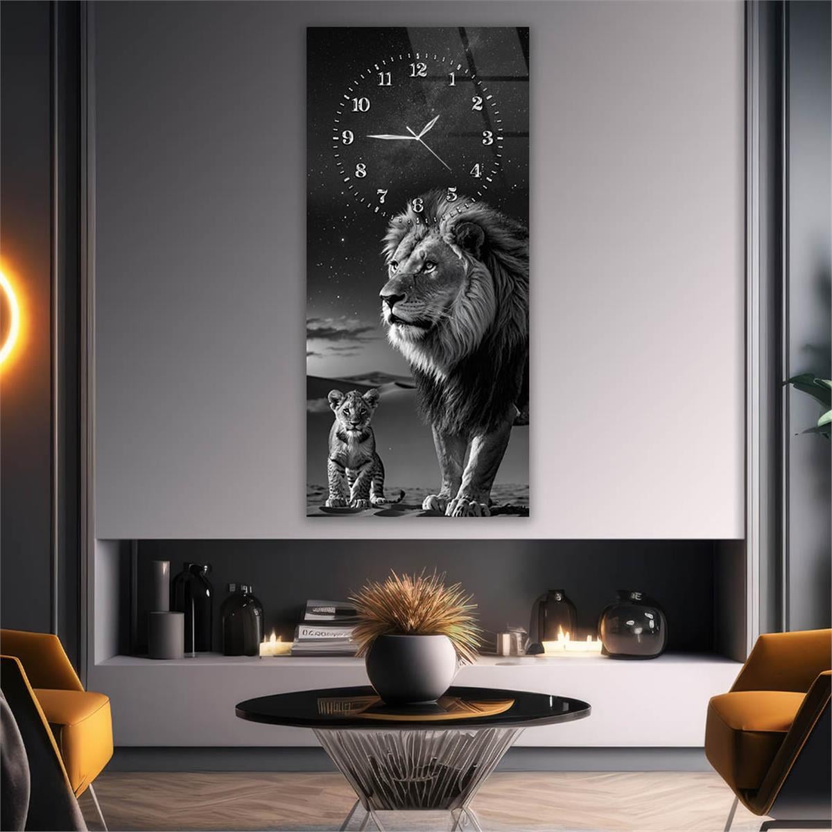 Dikey Üstten Saatli Sanat Temalı Cam Tablo 091