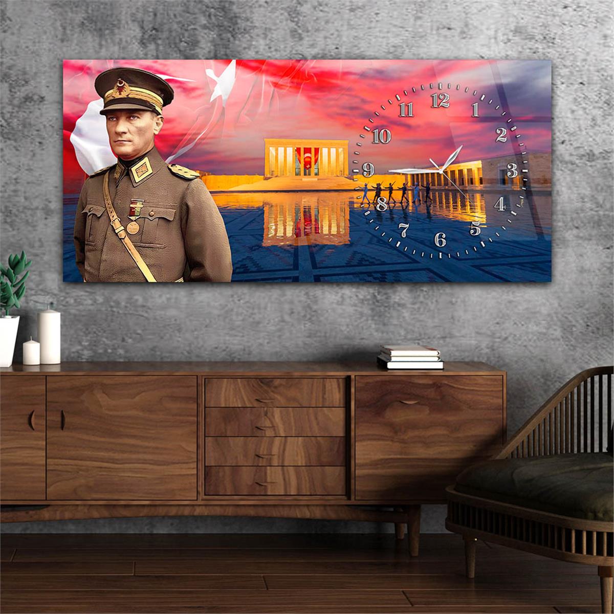 Yatay Saatli Yandan Vatan Temalı Cam Tablo 025