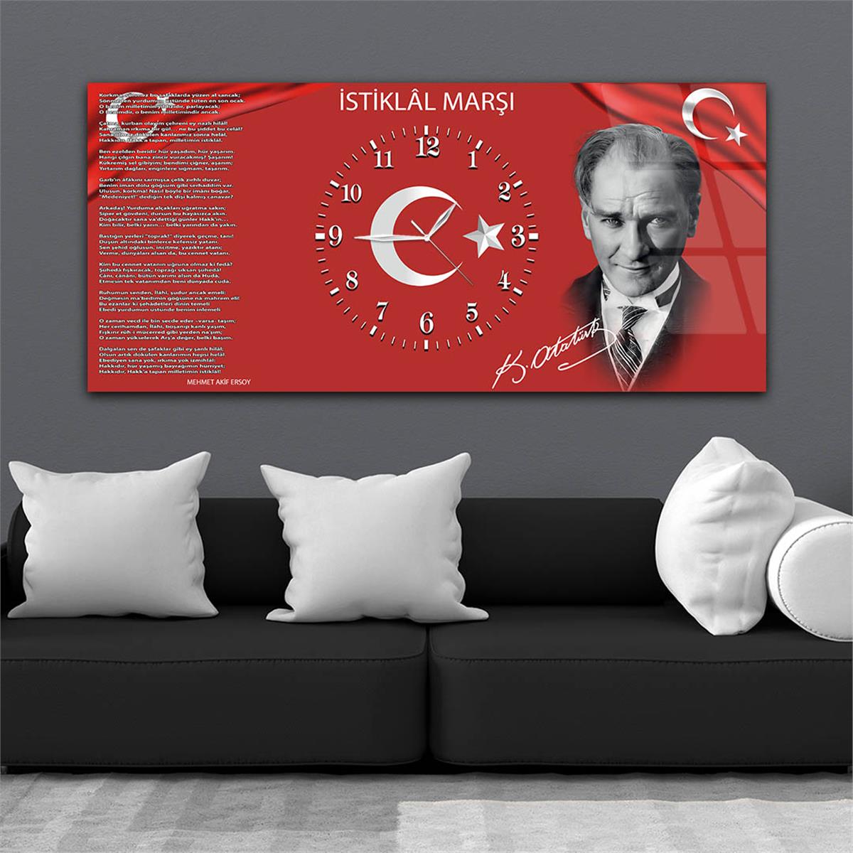 Yatay Ortadan Saatli  Vatan Temalı Cam Tablo 012