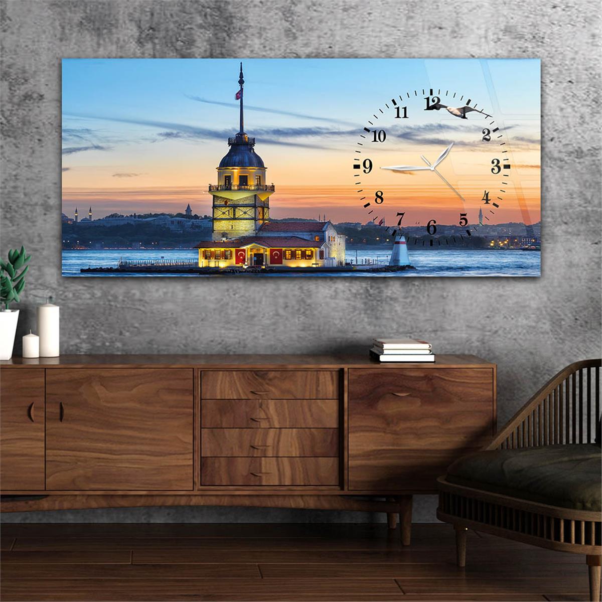 Yatay Saatli Yandan Sanat ve Doğa Temalı Cam Tablo 061