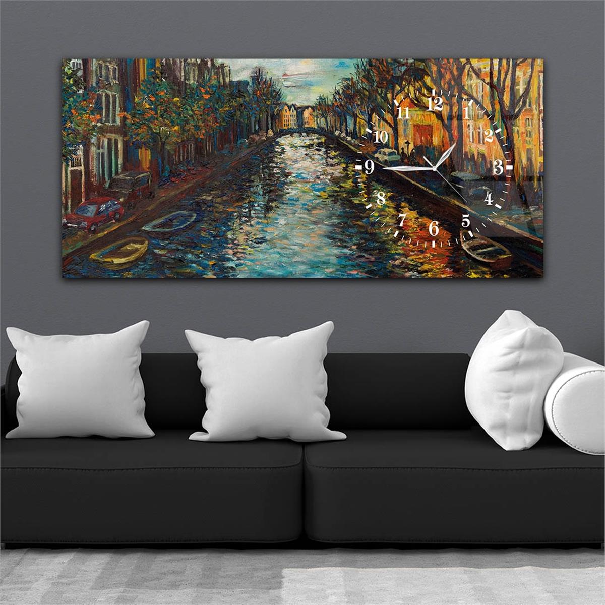 Yatay Saatli Yandan Sanat ve Doğa Temalı Cam Tablo 077