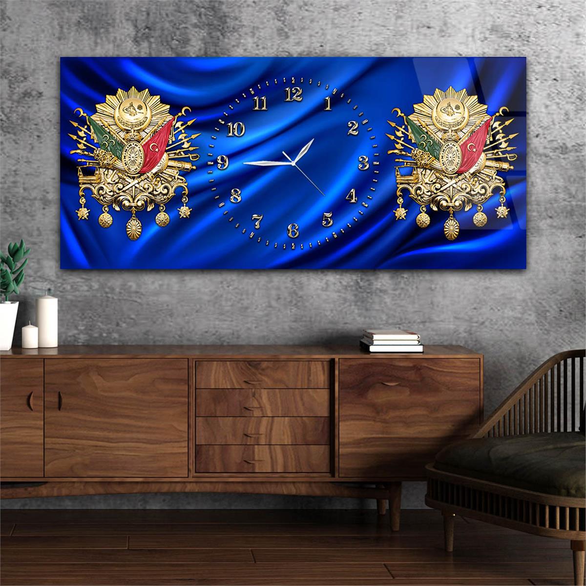 Yatay Saatli Ortadan Vatan Temalı Cam Tablo 147